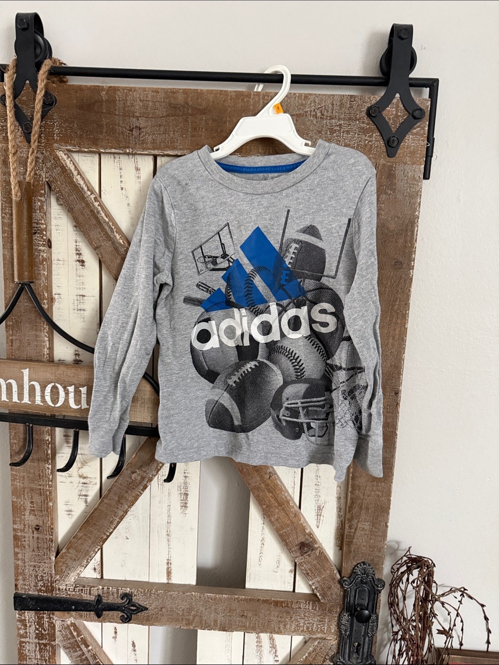 adidas Grey Long-Sleeve Tee with Blue Logo and Sports Graphic